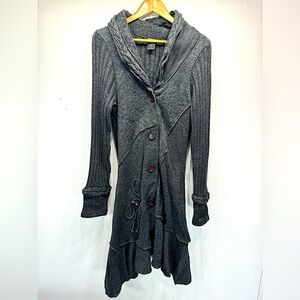 Moka Sport Long Mixed Knit Asymmetric Cardigan w Large Buttons & Appliqué Bow M